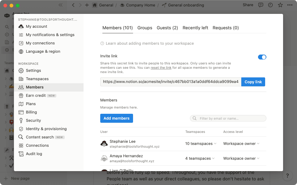 The Settings panel gives you access to in-depth workspace settings to customize Notion for your needs.