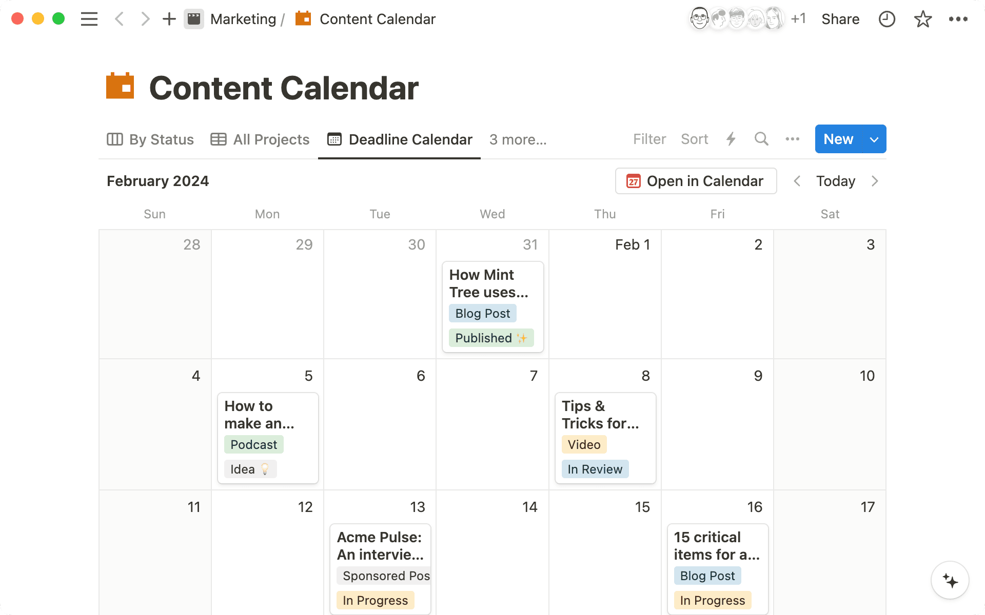 Create a content calendar in a Notion database and use different database views to track information. Here’s a calendar view of what’s published and what’s upcoming.