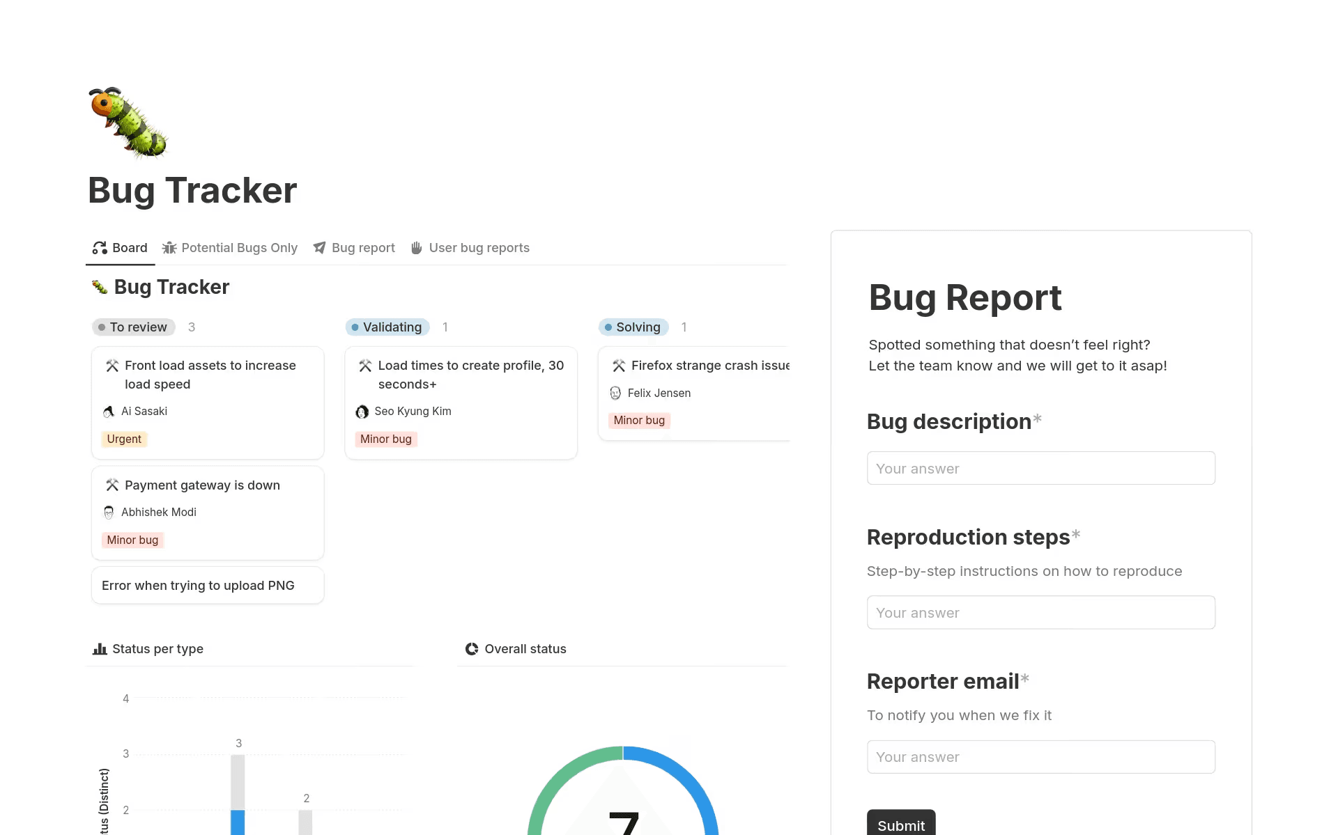 Notion bug tracker template showing a kanban board with bug status columns, priority tags, and a bug report submission form