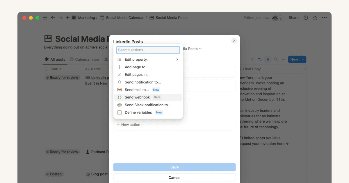 Share social media posts from Notion with webhook actions